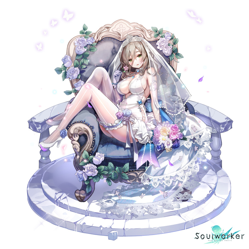 1girl ass bare_shoulders bouquet breasts bridal_veil chair choker cleavage covered_navel dress flower full_body green_eyes grey_hair hair_between_eyes high_heels highres holding knees_up large_breasts lee_nabi long_hair looking_at_viewer official_art open_mouth rose short_dress simple_background sitting_sideways sleeveless sleeveless_dress solo soul_worker thighhighs tiara veil wedding_dress white_background white_dress white_footwear white_legwear