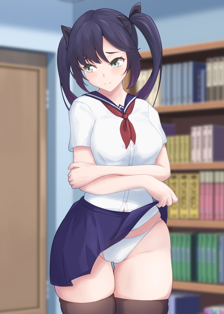 1girl a-o_a absurdres black_legwear blush bookshelf bow breasts clothes_lift door genshin_impact green_eyes hair_bow highres indoors lifted_by_self looking_to_the_side mona_(genshin_impact) neckerchief panties pleated_skirt purple_hair sailor_collar school_uniform short_sleeves skindentation skirt skirt_lift solo thighhighs thighs twintails underwear white_panties