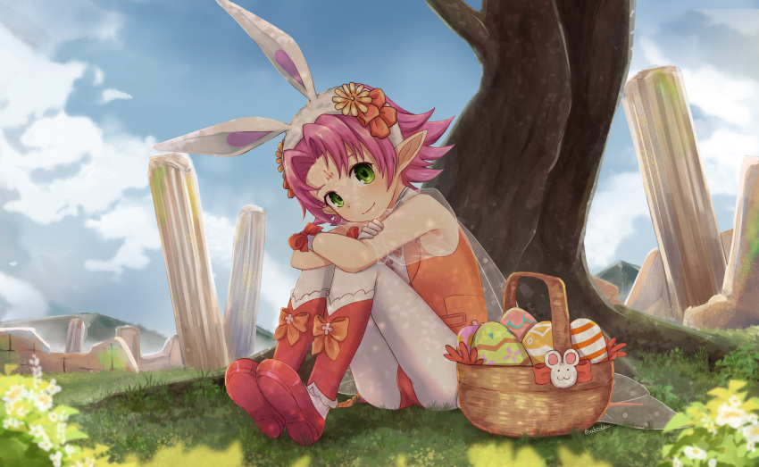 1girl absurdres animal_ears basket blackma_(pagus0012) blue_sky boots bow bunny_ears closed_eyes cloud day dragon_girl easter_egg egg facial_mark fae_(fire_emblem) fake_animal_ears fire_emblem fire_emblem:_the_binding_blade fire_emblem_heroes flower forehead_mark gloves grass green_eyes hair_bow hair_flower hair_ornament highres knees_up leaning_forward light_smile looking_at_viewer manakete official_alternate_costume orange_bow outdoors pantyhose pillar pink_hair pointy_ears red_footwear ribbon short_hair sitting sky solo tree white_gloves white_legwear wrist_ribbon