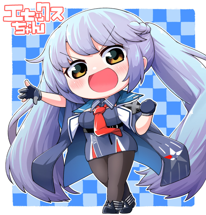 1girl :d ankle_boots azur_lane bangs black_footwear black_legwear blue_background blue_cloak blue_dress blue_gloves blue_hair blush boots braid breasts brown_eyes checkered checkered_background chibi cleavage clenched_hand cloak clothes_writing collared_dress commentary_request dress essex_(azur_lane) eyebrows_visible_through_hair french_braid full_body gloves highres kado_(hametunoasioto) large_breasts long_hair looking_at_viewer necktie open_mouth outstretched_arm pantyhose partial_commentary partially_fingerless_gloves red_neckwear sidelocks smile solo standing twintails underbust very_long_hair white_background