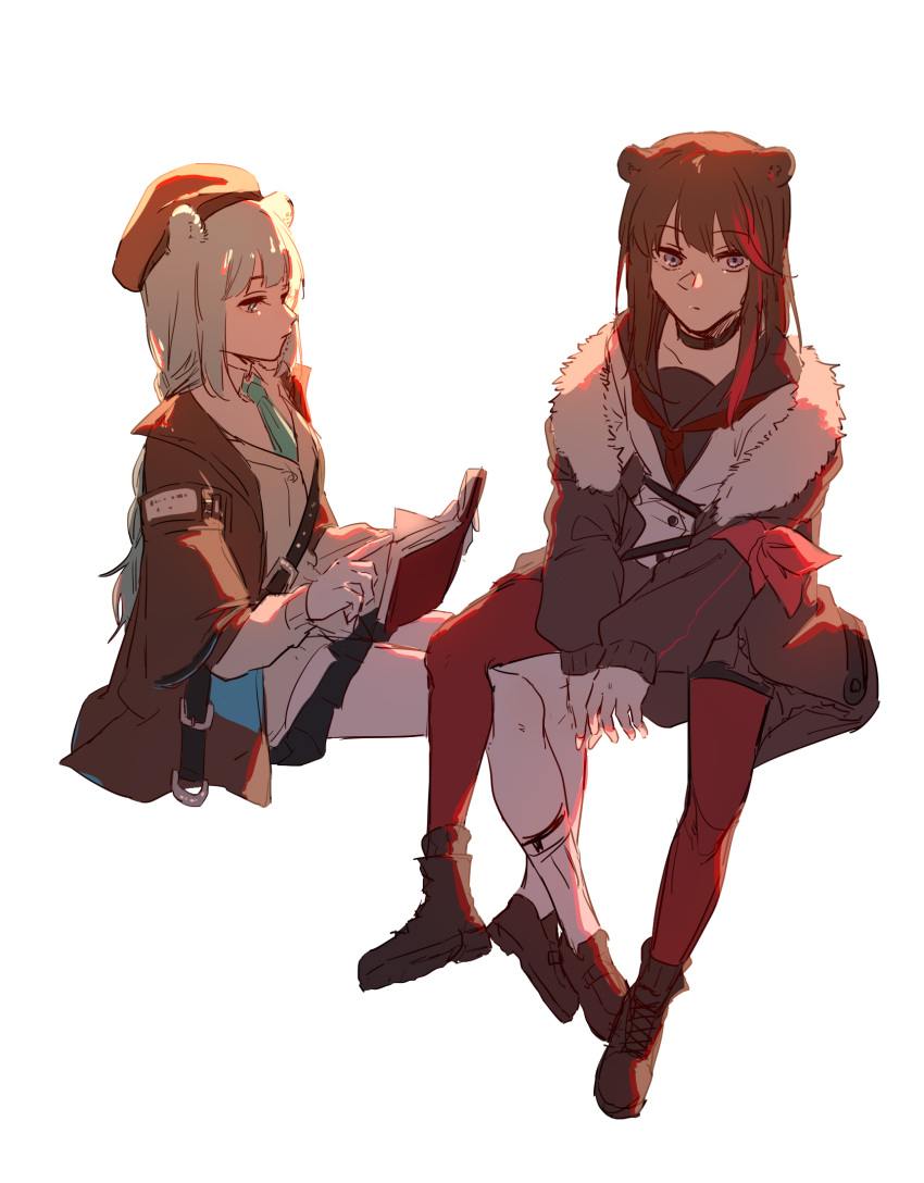 2girls animal_ears arknights arm_ribbon backlighting bear_ears black_choker black_skirt blue_eyes blue_hair blue_neckwear book boots brown_footwear brown_hair brown_headwear brown_jacket chinese_commentary choker closed_mouth commentary_request eyebrows_visible_through_hair full_body fur-trimmed_jacket fur_trim hat highres holding holding_book istina_(arknights) jacket legs_on_another's_lap loafers long_hair long_sleeves multicolored_hair multiple_girls natsuyiro_x neckerchief necktie reading red_hair red_legwear red_neckwear ribbon school_uniform serafuku shoes shoulder_strap simple_background sitting skirt socks streaked_hair sweater white_background white_legwear white_sweater zima_(arknights)