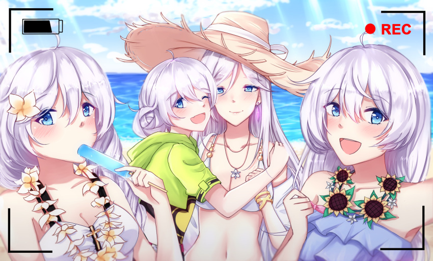 4girls :d antenna_hair bangs bare_shoulders beach bikini blue_eyes blue_sky braid braided_ponytail breasts camera cecilia_schariac cleavage cloud cloudy_sky double_bun dress eating flower food food_in_mouth green_jacket hair_between_eyes hair_flower hair_ornament hat highres holding holding_food honkai_(series) honkai_impact_3rd hug ice_cream jacket kallen_kaslana kiana_kaslana kiana_kaslana_(knight_moonbeam) komitaki long_hair looking_at_viewer multiple_girls ocean one_eye_closed open_mouth outdoors popsicle recording short_sleeves sky smile straw_hat summer summer_uniform sundress sunflower swimsuit theresa_apocalypse theresa_apocalypse_(valkyrie_pledge) white_bikini white_flower white_hair