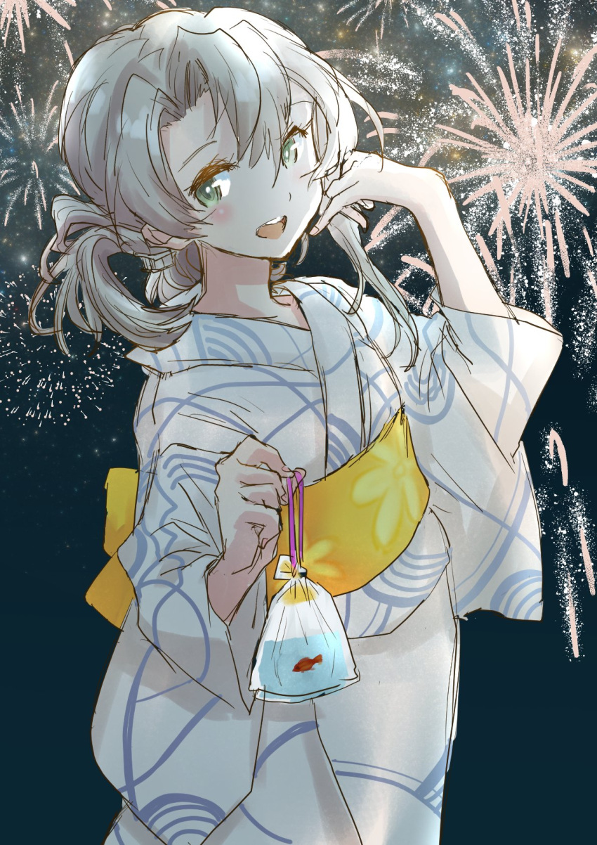 1girl asymmetrical_hair bag bagged_fish bangs commentary_request cowboy_shot fireworks fish flipped_hair fuji_(pixiv24804665) goldfish highres japanese_clothes kantai_collection kimono looking_at_viewer night nowaki_(kancolle) official_alternate_costume open_mouth plastic_bag round_teeth silver_eyes silver_hair solo swept_bangs teeth upper_teeth white_kimono yukata