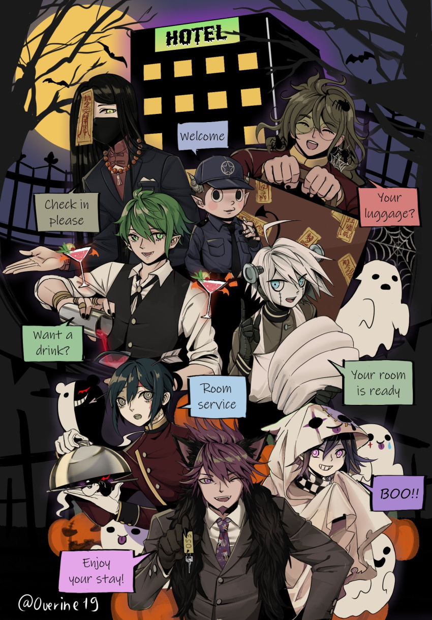 6+boys amami_rantarou animal_ears apron black_hair checkered checkered_scarf closed_eyes cocktail_glass cup danganronpa_(series) danganronpa_v3:_killing_harmony drinking_glass ghost gokuhara_gonta green_hair halloween halloween_costume highres hoshi_ryouma keebo long_hair male_focus momota_kaito monokuma moon multiple_boys necktie ouma_kokichi overine19 pumpkin purple_hair saihara_shuuichi scarf shinguuji_korekiyo short_hair suitcase tree_branch white_hair