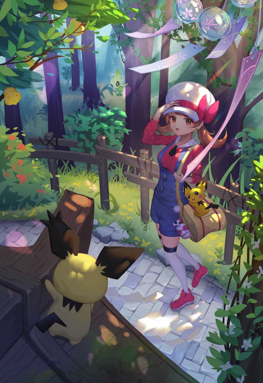 1girl absurdres al_guang bangs berry_(pokemon) blue_overalls bow brown_eyes brown_hair bush cabbie_hat celebi commentary_request day fence forest gen_2_pokemon grass hand_on_headwear hat hat_bow highres long_hair lyra_(pokemon) mythical_pokemon nature outdoors pichu pokegear pokemon pokemon_(creature) pokemon_(game) pokemon_hgss red_shirt shirt shoes sitrus_berry spiky-eared_pichu standing thighhighs tree twintails white_headwear white_legwear yellow_bag