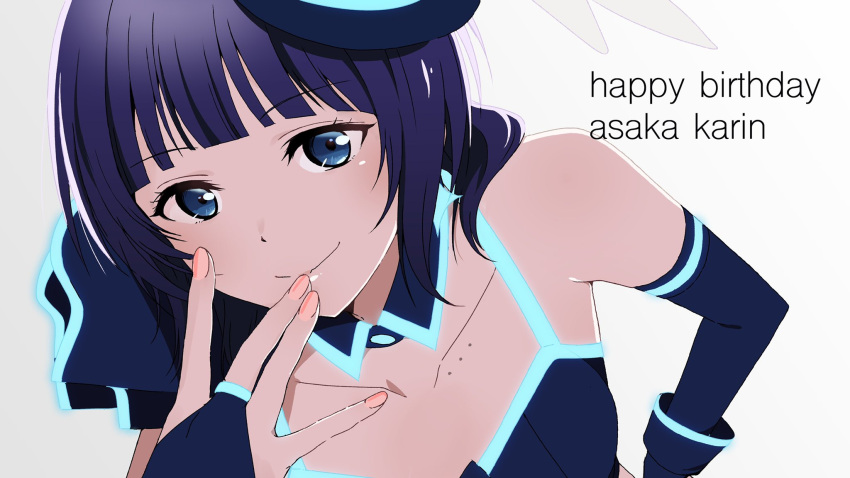 asaka_karin bangs birthday black_hair blue_eyes blue_hair blue_headwear blue_tank_top breasts bridal_gauntlets collarbone fingernails hat hat_feather highres large_breasts love_live! love_live!_nijigasaki_high_school_idol_club medium_hair mini_hat mole mole_on_body single_bare_shoulder swept_bangs tank_top tatsumin tilted_headwear top_hat vivid_world_(love_live!) wrist_cuffs yokota_takumi