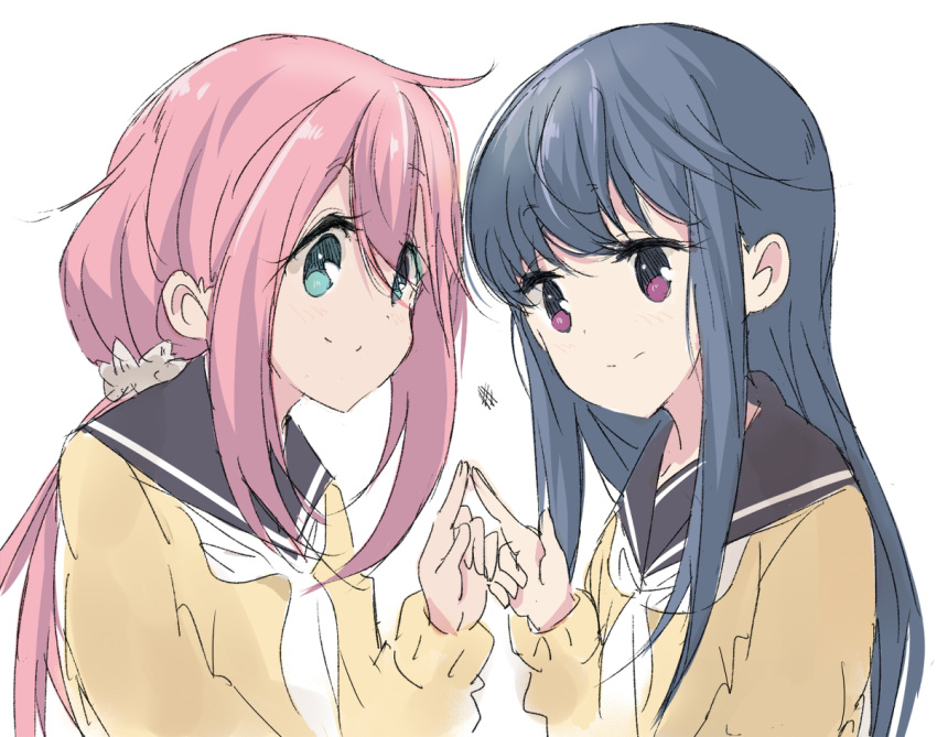 2girls bangs blue_eyes blue_hair core_(mayomayo) eye_contact hair_between_eyes hair_down hairband kagamihara_nadeshiko long_hair long_sleeves looking_at_another multiple_girls pink_hair purple_eyes sailor_collar school_uniform serafuku shima_rin simple_background smile touching white_background yurucamp