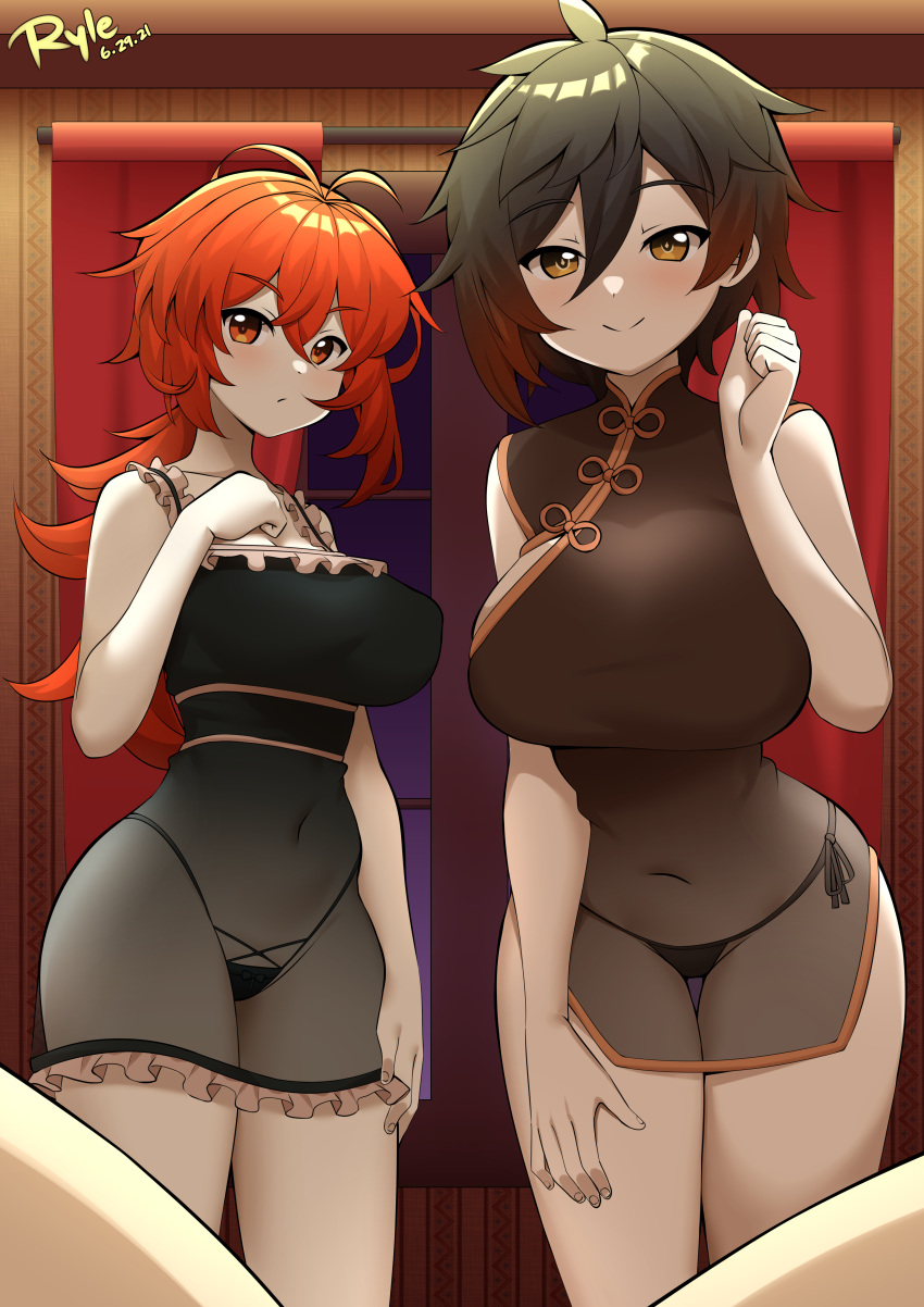 2girls absurdres blush breasts brown_hair china_dress chinese_clothes covered_navel diluc_(genshin_impact) dress genderswap genderswap_(mtf) genshin_impact half-closed_eyes highres indoors large_breasts leaning_forward lingerie looking_at_viewer low_ponytail multiple_girls red_eyes red_hair ryle see-through smile standing underwear window yellow_eyes zhongli_(genshin_impact)