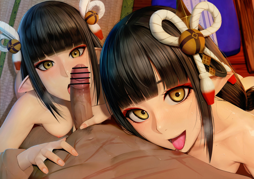 1boy 2girls bangs bar_censor black_hair blunt_bangs blush breasts censored eyeliner fewer_digits ffm_threesome group_sex hair_ornament handjob hetero hinoa jellytits-7 licking long_hair looking_at_viewer makeup medium_breasts minoto monster_hunter_(series) monster_hunter_rise multiple_girls nipple_licking nipples nude open_mouth penis pointy_ears shimaidon_(sex) siblings sisters smile threesome tongue tongue_out twins yellow_eyes