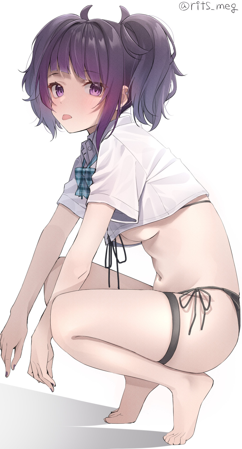 1girl absurdres bangs barefoot blunt_bangs blush bow bowtie breasts collared_shirt crop_top dutch_angle from_side front-tie_top full_body highres idolmaster idolmaster_shiny_colors looking_at_viewer medium_breasts nail_polish navel no_pants panties plaid plaid_neckwear purple_eyes purple_hair rits_(apud8788) shirt short_sleeves short_twintails side-tie_panties sidelocks solo squatting stomach tanaka_mamimi thigh_strap tiptoes tongue tongue_out twintails underboob underwear white_background white_shirt wing_collar
