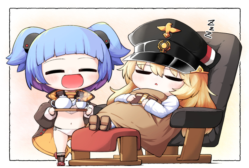 2girls azur_lane bangs bikini bismarck_(azur_lane) blanket blonde_hair blue_hair blunt_bangs blush book brown_footwear brown_jacket brown_legwear closed_eyes commentary_request couch cup eyebrows_visible_through_hair full_body hair_between_eyes hair_ornament hat holding holding_tray jacket kado_(hametunoasioto) long_hair long_sleeves midriff multicolored_hair multiple_girls navel open_clothes open_jacket open_mouth peaked_cap red_footwear rudder_footwear shoes short_hair short_twintails sidelocks simple_background sitting sleeping smile standing steam swimsuit teacup teapot tray twintails u-556_(azur_lane) white_background white_bikini white_jacket zzz