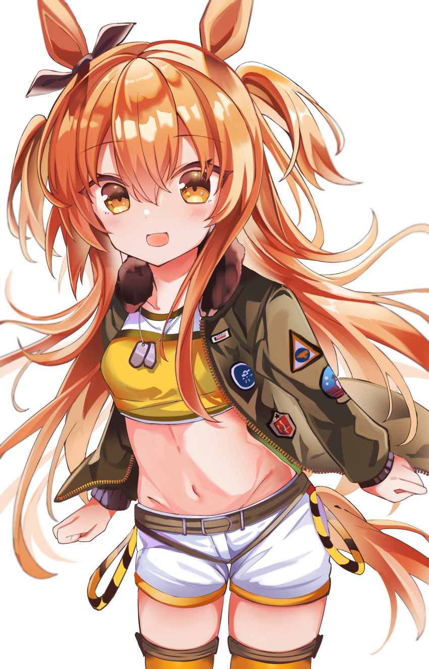 1girl absurdres animal_ears blush breasts collarbone commentary_request crop_top dog_tags fathom hair_ornament highres horse_ears horse_girl horse_tail jacket looking_at_viewer mayano_top_gun_(umamusume) navel open_mouth orange_eyes orange_hair shorts simple_background small_breasts solo tail umamusume white_background