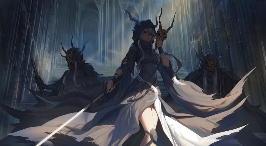 1girl 2others absurdres arknights bandaged_hand black_cloak black_dress blue_eyes breasts chinese_commentary cloak commentary_request dress highres holding holding_mask holding_sword holding_weapon hood hood_up hooded_cloak horns indoors jewelry knee_pads kumachi long_hair mask mask_removed medium_breasts multiple_others pendant shadow shining_(arknights) silver_hair standing sword thigh_strap weapon