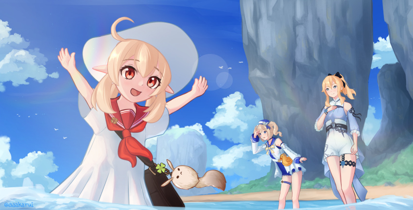 :d ahoge akarui_(akaruiakarui) alternate_costume arms_up bag bag_charm bangs barbara_(genshin_impact) barbara_(summertime_sparkle)_(genshin_impact) beach blonde_hair blue_eyes blue_sky blue_swimsuit bow casual charm_(object) cloud cloudy_sky clover_print commentary_request detached_sleeves dodoco_(genshin_impact) dress drill_hair duck_print eyebrows_visible_through_hair genshin_impact hair_between_eyes hair_bow hair_ribbon hand_on_own_chest handbag hat highres horizon in_water island jean_(genshin_impact) jean_(sea_breeze_dandelion)_(genshin_impact) klee_(genshin_impact) leaning_forward long_hair looking_at_viewer ocean open_mouth outstretched_arms pointy_ears ponytail red_eyes ribbon sailor_collar sailor_dress salute shoulder_bag sidelocks sky smile spread_arms sun_hat swimsuit twin_drills