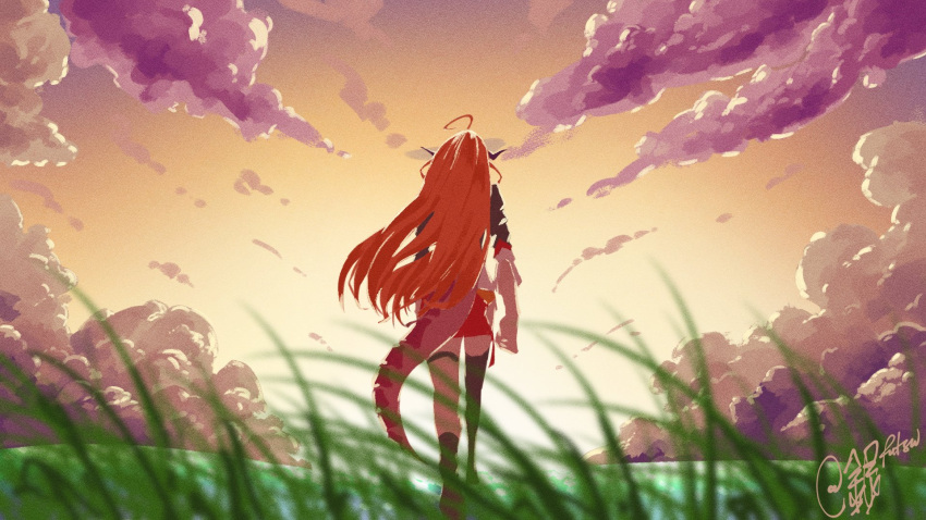 1girl ahoge asymmetrical_legwear back clenched_hand cloud commentary dragon_girl dragon_horns dragon_tail ginfutsuu grass highres hololive horns kiryu_coco long_hair orange_hair outdoors red_skirt side-tie_skirt side_slit signature single_thighhigh skirt solo sunset tail thigh_strap thighhighs walking_away wavy_hair