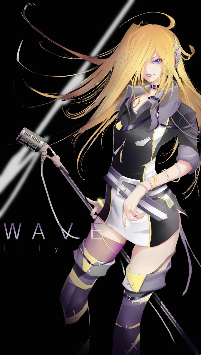 1girl absurdres belt_collar black_background black_shirt blonde_hair blue_eyes bracelet character_name collar commentary grin hair_over_one_eye headphones highres jewelry lily_(vocaloid) lips long_hair microphone microphone_stand miniskirt one_eye_covered pyslznqo1i9irqg ring shirt skirt smile solo thighhighs two-tone_shirt two-tone_skirt very_long_hair vocaloid