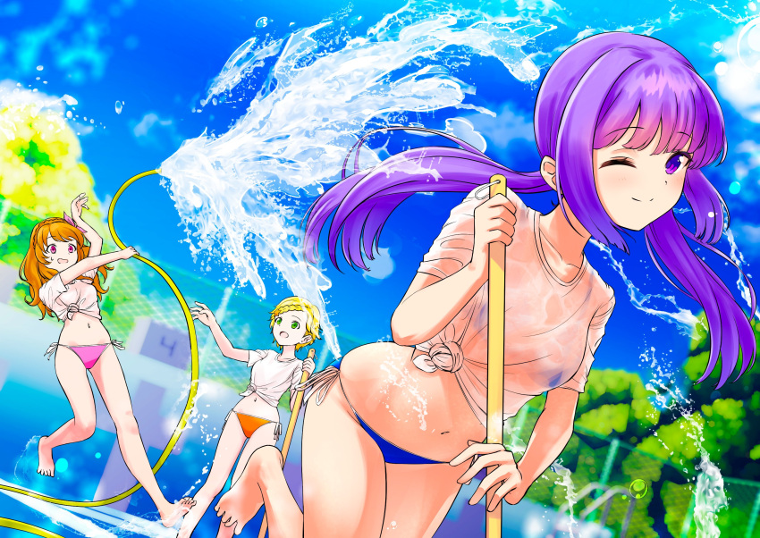 3girls :o ;) aikatsu! aikatsu!_(series) bangs bare_arms bare_legs bikini bikini_under_clothes blonde_hair blue_bikini blue_sky blunt_bangs blurry blurry_background bow braid broom chain-link_fence cleaning close-up cloud cloudy_sky collarbone commentary_request crown_braid day dutch_angle empty_pool eyebrows_visible_through_hair fence floating_hair front_braid green_eyes hair_bow hair_ornament hair_up herohero_illust highres hikami_sumire hime_cut holding holding_broom hose leg_up long_hair low-tied_long_hair low_twintails midair midriff multiple_girls navel one_eye_closed oozora_akari open_mouth orange_bikini orange_hair pink_bikini pink_bow pink_eyes pool purple_eyes purple_hair see-through shinjou_hinaki shirt short_hair short_sleeves side-tie_bikini sky smile solo_focus splashing star_(symbol) star_hair_ornament stomach string_bikini surprised sweatdrop swimsuit tied_shirt tree tripping twintails water wet wet_clothes wet_shirt white_shirt