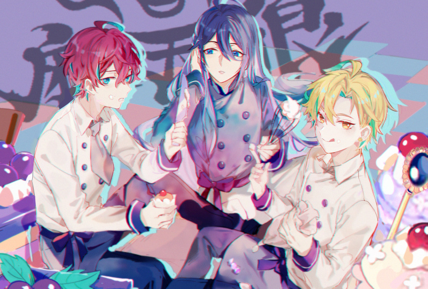 3boys :q adjusting_hair ahoge apron aqua_eyes aqua_hair bangs black_apron black_pants blonde_hair blue_eyes buttons cake cake_slice candy checkered checkered_background commentary cream cream_on_face cupcake earrings feet_out_of_frame food food_on_face green_hair grey_neckwear hand_up holding holding_food holding_knife holding_whisk hypnosis_mic izanami_hifumi jewelry jinguuji_jakurai kannonzaka_doppo kanose knife long_hair looking_at_another male_focus matenrou_(hypnosis_mic) multicolored_hair multiple_boys necktie pants parted_bangs parted_lips pastry_bag purple_apron purple_background purple_hair purple_shirt purple_theme red_hair shirt short_hair sitting streaked_hair surprised tongue tongue_out very_long_hair waist_apron white_pants white_shirt yellow_eyes