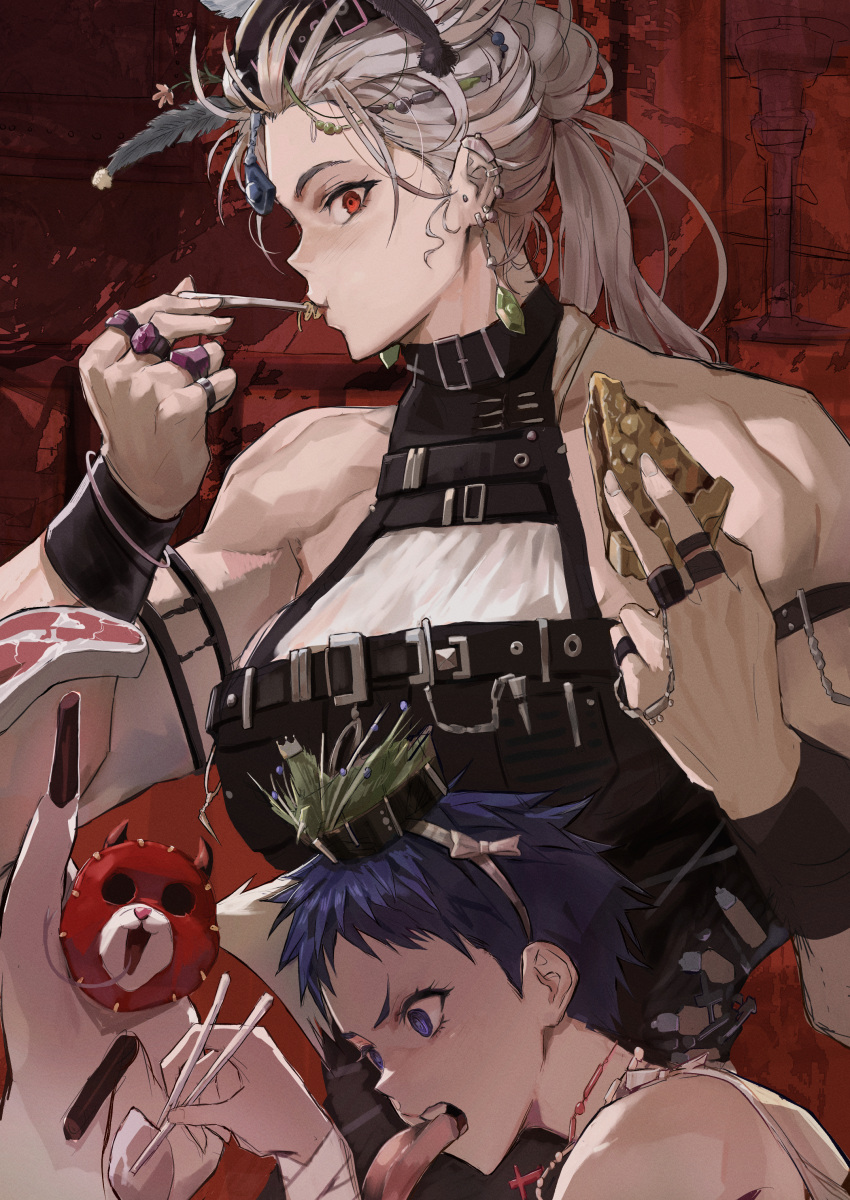 2girls absurdres apron belt blue_eyes breasts cake cake_slice chopsticks collar dorohedoro earrings eating ebisu_(dorohedoro) food hair_ornament highres jewelry kikurage_(dorohedoro) large_breasts long_hair looking_at_viewer multiple_girls muscular muscular_female noi_(dorohedoro) open_mouth park_ongjol ponytail red_eyes sexually_suggestive shirt short_hair sticks tall_female white_hair white_shirt