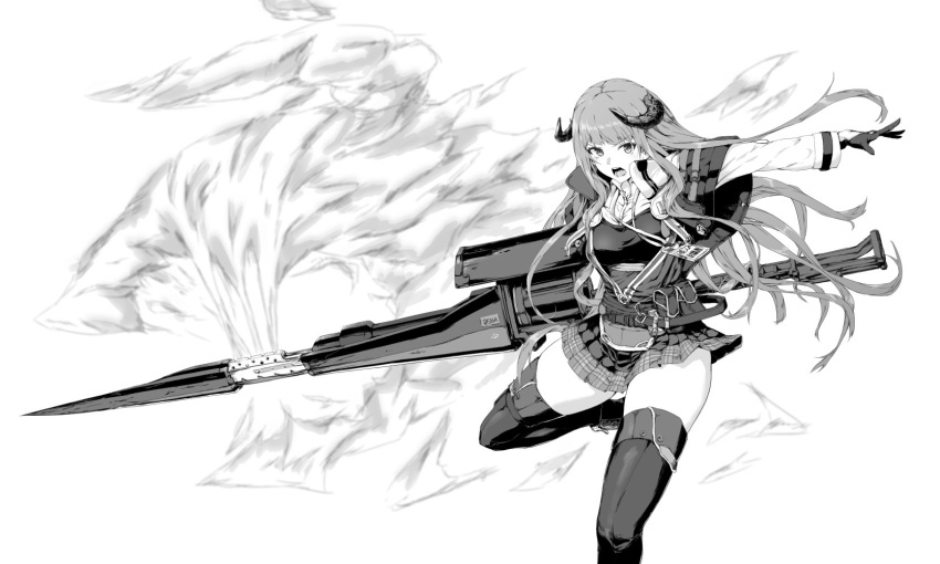1girl arknights bagpipe_(arknights) bangs commentary frown gloves greyscale gun highres holding holding_gun holding_weapon horns huge_weapon jacket lanyard leg_up long_hair long_sleeves looking_at_viewer miniskirt monochrome open_mouth plaid plaid_skirt pleated_shirt skirt smoke solo standing standing_on_one_leg thigh_strap thighhighs tsukira_(amayadori) weapon