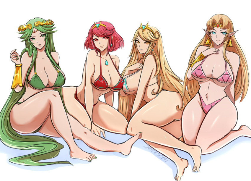 4girls bangs bare_shoulders bikini blonde_hair blush breasts chest_jewel cleavage full_body gem green_eyes green_hair headpiece highres kid_icarus kid_icarus_uprising large_breasts legs long_hair looking_at_viewer multiple_girls mythra_(xenoblade) omiza_somi palutena pointy_ears princess_zelda pyra_(xenoblade) red_hair short_hair smile super_smash_bros. swept_bangs swimsuit the_legend_of_zelda the_legend_of_zelda:_a_link_between_worlds thick_thighs thighs tiara very_long_hair xenoblade_chronicles_(series) xenoblade_chronicles_2 yellow_eyes