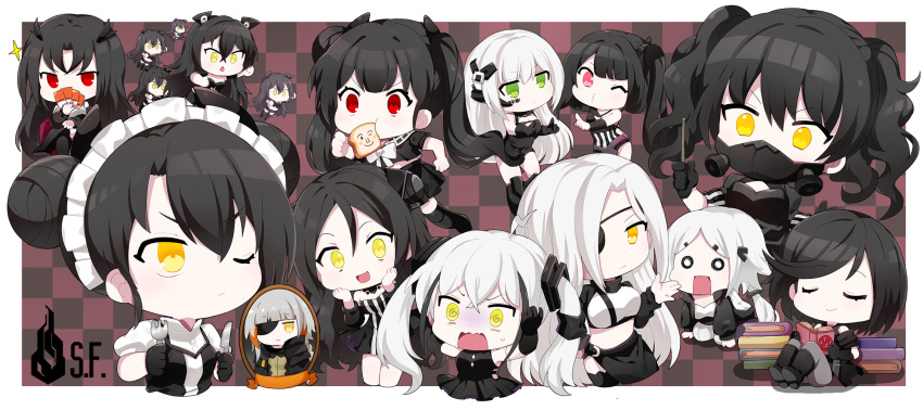 6+girls agent_(girls'_frontline) alchemist_(girls'_frontline) android architect_(girls'_frontline) black_hair chibi closed_eyes destroyer_(girls'_frontline) dreamer_(girls'_frontline) executioner_(girls'_frontline) eyepatch gager_(girls'_frontline) girls'_frontline green_eyes highres hunter_(girls'_frontline) intruder_(girls'_frontline) jin2 judge_(girls'_frontline) m16a1_(girls'_frontline)_(boss) multiple_girls one_eye_closed ouroboros_(girls'_frontline) pale_skin red_eyes sangvis_ferri scarecrow_(girls'_frontline) white_hair yellow_eyes