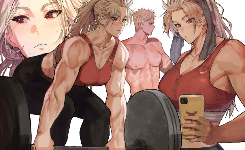 1boy 1girl abs absurdres alternate_hairstyle barbell blonde_hair blue_eyes breasts cellphone cleavage collarbone dorohedoro earrings exercise eyebrows_visible_through_hair eyes_visible_through_hair highres jewelry lifting long_hair looking_to_the_side medium_breasts messy_hair multiple_piercings muscular muscular_female muscular_male nike nipples noi_(dorohedoro) pants park_ongjol parted_lips phone ponytail profile red_eyes scar shin_(dorohedoro) short_hair smartphone sports_bra sportswear sweat toned topless towel weightlifting weights white_background white_hair yoga_pants