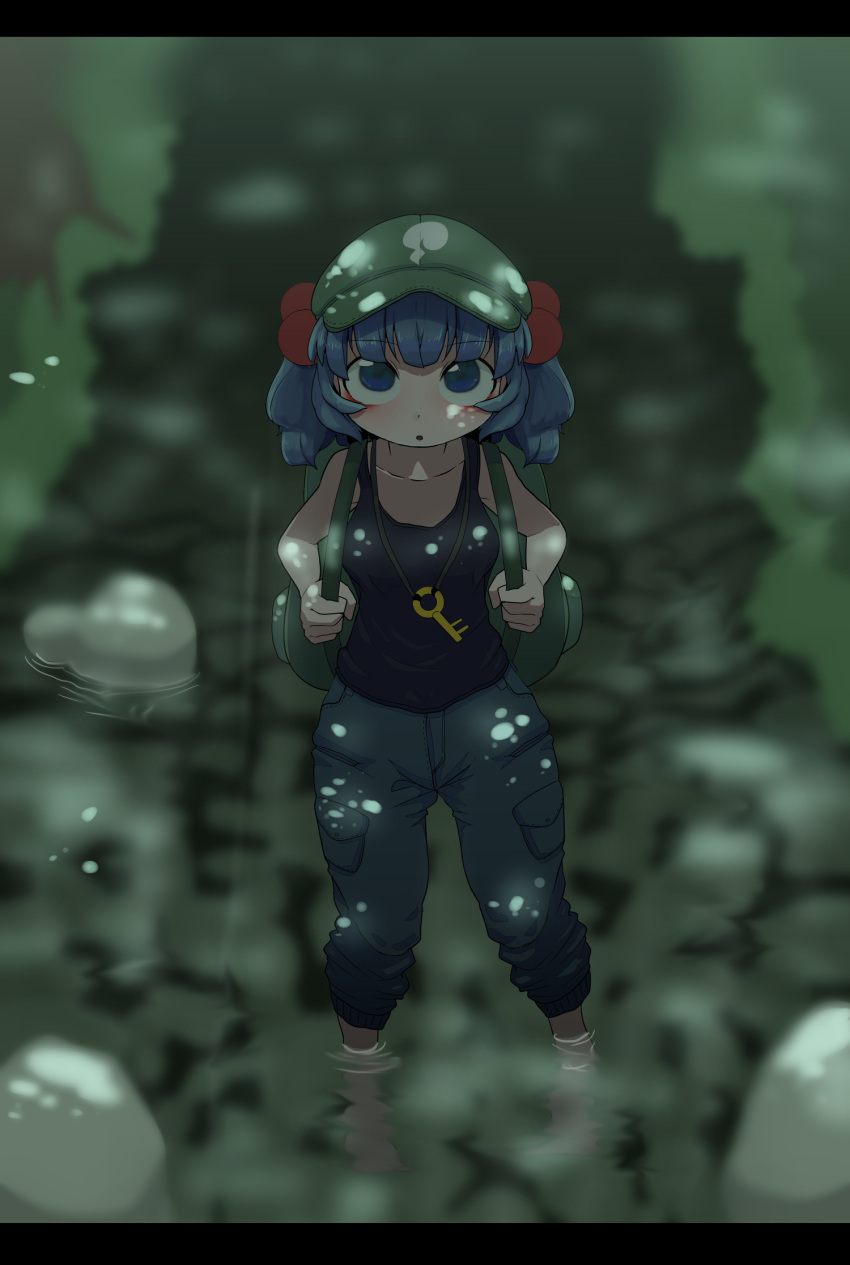 1girl backpack bag bangs barefoot black_tank_top blue_eyes blue_hair blue_pants blush breasts cargo_pants commentary_request flat_cap full_body green_headwear hair_bobbles hair_ornament hat highres jewelry kawashiro_nitori key letterboxed looking_at_viewer medium_breasts medium_hair necklace onaji_(sokudo_seigen) open_mouth pants pocket short_twintails solo standing tank_top touhou twintails two_side_up wading water