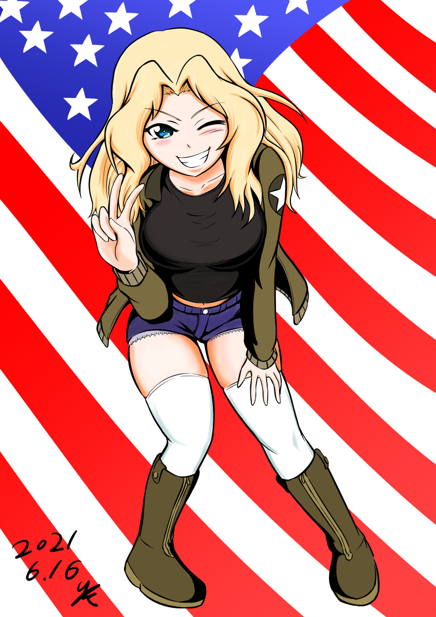 1girl 2021 absurdres american_flag_background black_tank_top blonde_hair blue_eyes blush boots breasts dated denim denim_shorts diagonal_stripes girls_und_panzer hair_intakes hand_on_own_knee highres kay_(girls_und_panzer) kirin_(davidbk) knee_boots large_breasts leaning_forward long_hair saunders_military_uniform shorts smile solo striped tank_top thighhighs v