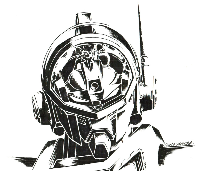 1boy 2013 aoki_ryuusei_spt_layzner artist_name asuka_eiji canopy greyscale highres ink_(medium) layzner looking_at_viewer mecha monochrome radio_antenna science_fiction solo tam_(garakuta_kaizou_ningen) traditional_media