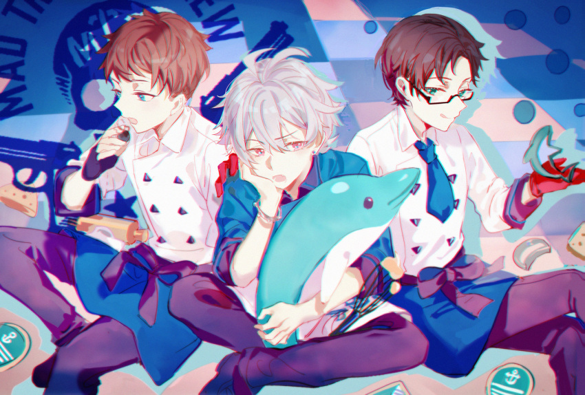 3boys :q ahoge anchor_symbol annoyed aohitsugi_samatoki apron bangs black_pants blue_apron blue_background blue_jacket blue_neckwear blue_theme blueberry brown_hair busujima_riou_mason buttons checkered checkered_background cheese chef_uniform commentary cookie_cutter earrings eating eyebrows_visible_through_hair feet_out_of_frame food fruit glasses gloves green_eyes holding holding_food holding_stuffed_toy hypnosis_mic iruma_juuto jacket jewelry kanose long_sleeves looking_down looking_to_the_side lower_teeth mad_trigger_crew male_focus multiple_boys necktie open_mouth pants rectangular_eyewear red_eyes red_gloves rolling_pin semi-rimless_eyewear shirt short_hair silver_hair sitting stud_earrings stuffed_animal stuffed_dolphin stuffed_toy tongue tongue_out waist_apron whisk white_shirt