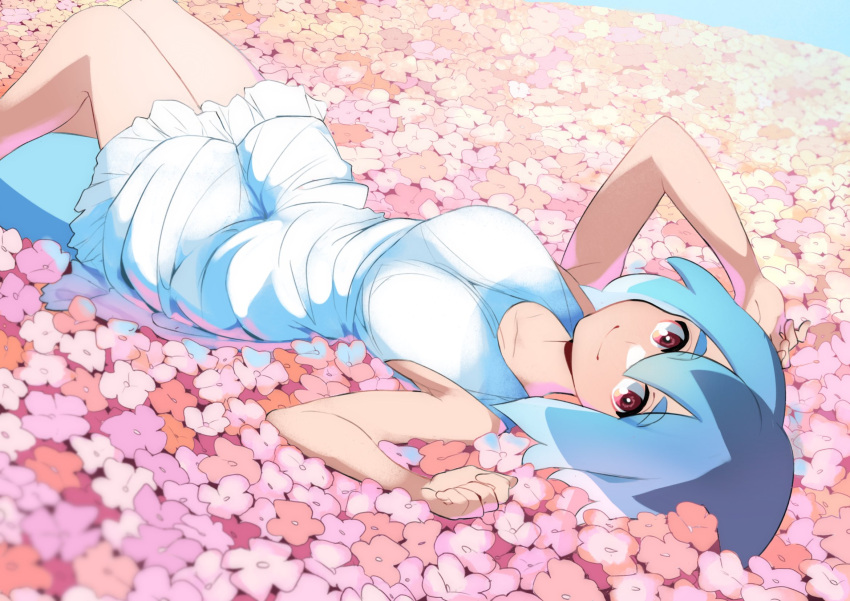 1girl azuumori blue_hair breasts dress eyebrows_visible_through_hair feet_out_of_frame field fish_tail flower flower_field hair_between_eyes highres knees_up looking_at_viewer lying medium_breasts on_back original pink_flower red_eyes shark_girl shark_girl_(azuumori) shark_tail short_hair sleeveless sleeveless_dress smile solo tail white_dress