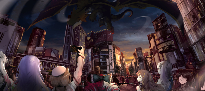 6+girls absurdres airani_iofifteen animal_ears anya_melfissa ayunda_risu bangs beret black_bow bow cellphone city crowd double_bun dragon flying grey_bow hair_bow hair_bun hat highres holding holding_phone hololive hololive_indonesia hood hoodie kiryu_coco kiryu_coco_(dragon) kureiji_ollie moona_hoshinova multicolored_hair multiple_girls paint_in_hair pavolia_reine phone pink_headwear pink_hoodie purple_eyes purple_hair red_hair ryoushi_chicken_soup_grass_big_chungus side_ponytail silver_hair smartphone smile squirrel_ears squirrel_girl two-tone_hair two_side_up virtual_youtuber vyragami