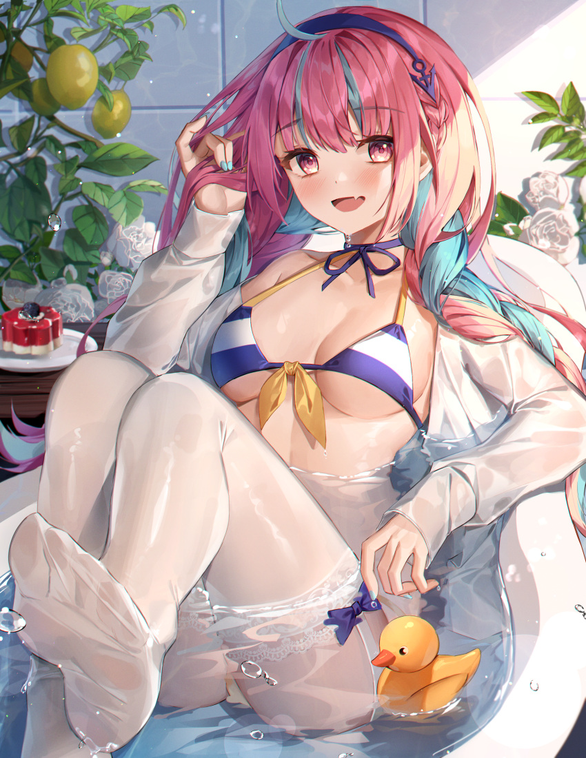 1girl :d absurdres ahoge ass bare_shoulders bathing bathtub bikini blue_hair blue_nails braid breasts choker clothed_bath fang feet front-tie_bikini front-tie_top hairband halter_top halterneck hand_up highres hololive huge_filesize knees_up long_hair looking_at_viewer medium_breasts minato_aqua minttchocok multicolored_hair nail_polish no_shoes off_shoulder open_clothes open_mouth open_shirt pink_eyes pink_hair purple_choker ribbon_choker rubber_duck shirt smile solo streaked_hair string_bikini swimsuit thighhighs two-tone_hair virtual_youtuber water white_legwear white_shirt