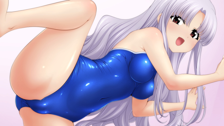 1girl absurdres azmaria_hendric barefoot blue_swimsuit breasts brown_eyes cameltoe chrono_crusade commentary_request competition_school_swimsuit cowboy_shot gradient gradient_background highres long_hair looking_to_the_side medium_breasts open_mouth school_swimsuit silver_hair smile solo spread_legs sugimura_tomokazu swimsuit white_background