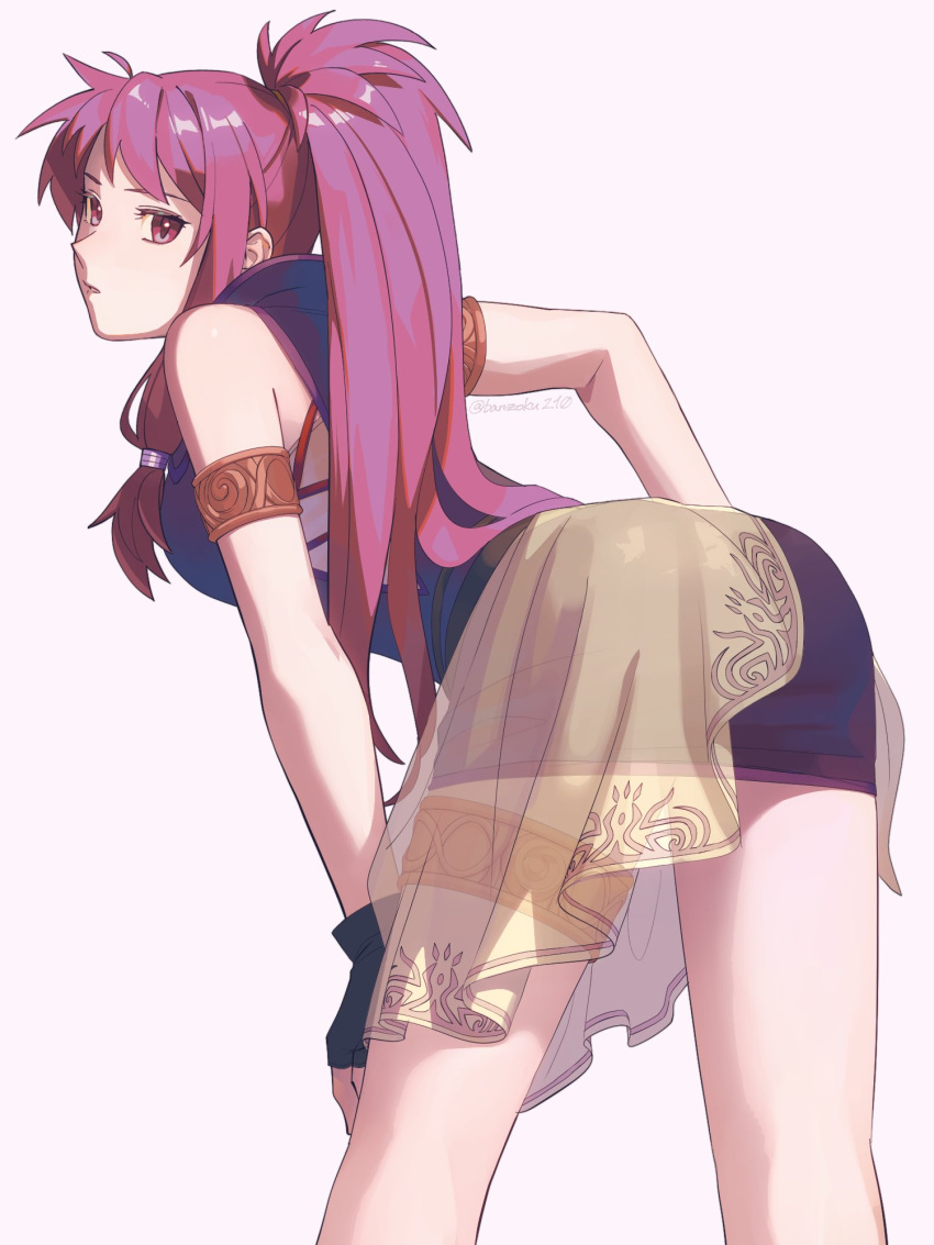 1girl a_(user_vtsy8742) arm_strap ass bent_over black_gloves black_skirt breasts fingerless_gloves fire_emblem fire_emblem:_the_sacred_stones from_behind gloves hair_behind_ear hand_on_hip highres long_hair looking_at_viewer looking_back marisa_(fire_emblem) medium_breasts purple_eyes purple_hair skirt solo thigh_strap white_background