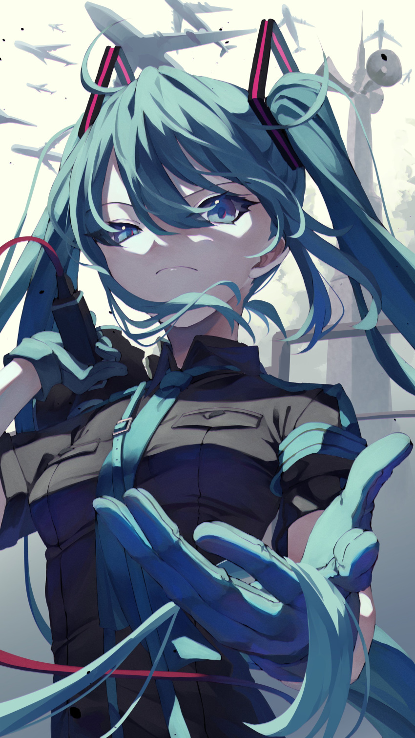 1girl absurdres aircraft airplane aqua_eyes aqua_hair aqua_neckwear armband belt black_shirt cable commentary foreshortening frown hair_ornament half-closed_eye hand_up hatsune_miku highres holding holding_hair holding_megaphone koi_wa_sensou_(vocaloid) long_hair looking_at_viewer megaphone necktie raised_eyebrow shirt short_sleeves shun'ya_(daisharin36) solo tower twintails uniform upper_body very_long_hair vocaloid