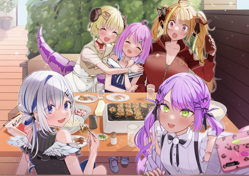 5girls ahoge amane_kanata angel_wings bangs bare_shoulders blonde_hair closed_eyes collarbone crown dragon_girl dragon_horns dragon_tail eyebrows_visible_through_hair food glass green_eyes hair_ornament highres himemori_luna hololive horns jacket jewelry kiryu_coco long_hair multiple_girls necklace omaru_(0marufestival) open_mouth orange_hair pink_hair plate purple_eyes purple_hair red_jacket silver_hair sitting table tail takoyaki takoyaki_pan tokoyami_towa toothpick tsunomaki_watame virtual_youtuber wings