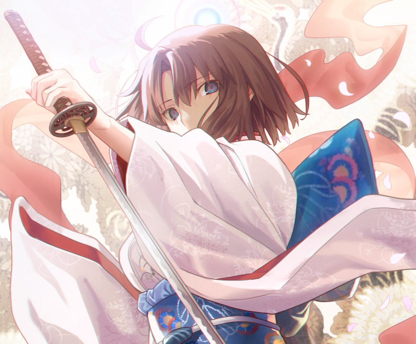 1girl ahoge aora bangs blue_eyes breasts brown_hair japanese_clothes kara_no_kyoukai katana kimono long_hair long_sleeves looking_at_viewer medium_breasts obi parted_bangs petals ryougi_shiki sash short_hair solo sword very_long_hair weapon white_kimono wide_sleeves