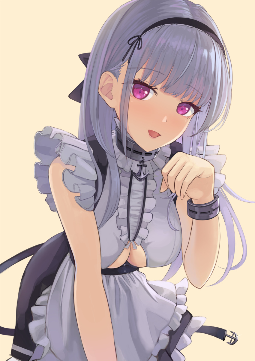 1girl :d anchor_choker apron azur_lane bangs bare_shoulders black_hairband black_skirt blunt_bangs blush breasts center_frills choker clothing_cutout commentary cowboy_shot dido_(azur_lane) eyebrows_visible_through_hair frilled_choker frilled_skirt frills hairband hand_up highres lace-trimmed_hairband lace_trim large_breasts leaning_forward long_hair looking_at_viewer maid open_mouth paw_pose purple_eyes shaketarako shirt sidelocks silver_hair simple_background skirt sleeveless sleeveless_shirt smile solo standing underboob underboob_cutout waist_apron white_apron white_shirt