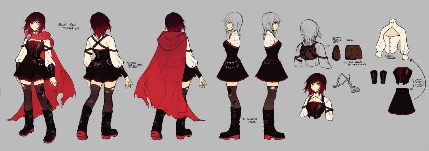 1girl absurdres backpack bag belt belt_buckle boots brown_hair buckle character_name cloak ein_lee english_text eyebrows_visible_through_hair full_body gradient_hair grey_background highres multicolored_hair multiple_views official_art red_hair ruby_rose rwby silver_hair simple_background skirt standing thighhighs two-tone_hair