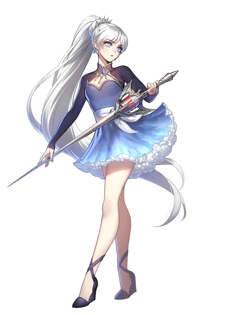 1girl absurdres blue_eyes breasts cleavage_cutout clothing_cutout dress earrings ein_lee full_body hair_ornament high_heels highres holding holding_sword holding_weapon jewelry left-handed legs long_hair long_sleeves myrtenaster official_art parted_lips rapier rwby small_breasts solo standing sword transparent_background very_long_hair weapon weiss_schnee white_hair