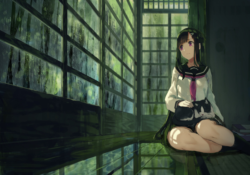 1girl animal animal_on_lap black_hair black_legwear book cat cat_on_lap closed_eyes closed_mouth hair_ornament hairclip headpat highres indoors kneehighs long_hair long_sleeves looking_away lying mole mole_under_eye neckerchief on_stomach original pink_eyes rain reflection school_uniform serafuku shirt sitting skirt solo white_shirt yasumo_(kuusouorbital)