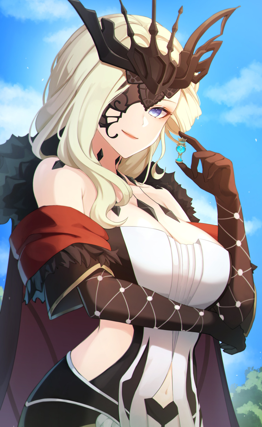 1girl absurdres bangs breast_hold breasts cape cleavage commentary_request detached_sleeves elbow_gloves fur-trimmed_cape fur_trim genshin_impact gloves gnosis_(genshin_impact) gya_(144) half_mask highres holding jewelry large_breasts long_hair looking_at_viewer navel necklace platinum_blonde_hair sidelocks signora_(genshin_impact) silver_eyes smile solo