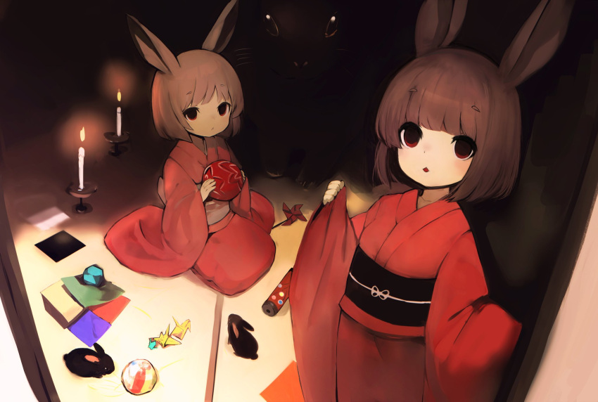 2girls animal animal_ears ball brown_hair bunny bunny_ears candle closed_mouth empty_eyes fire highres holding holding_ball indoors japanese_clothes kimono long_sleeves looking_at_viewer multiple_girls obi origami original parted_lips pinching_sleeves pinwheel red_eyes red_kimono red_lips revision sash seiza short_eyebrows short_hair sitting sleeves_past_wrists standing thick_eyebrows u_(rat3333)