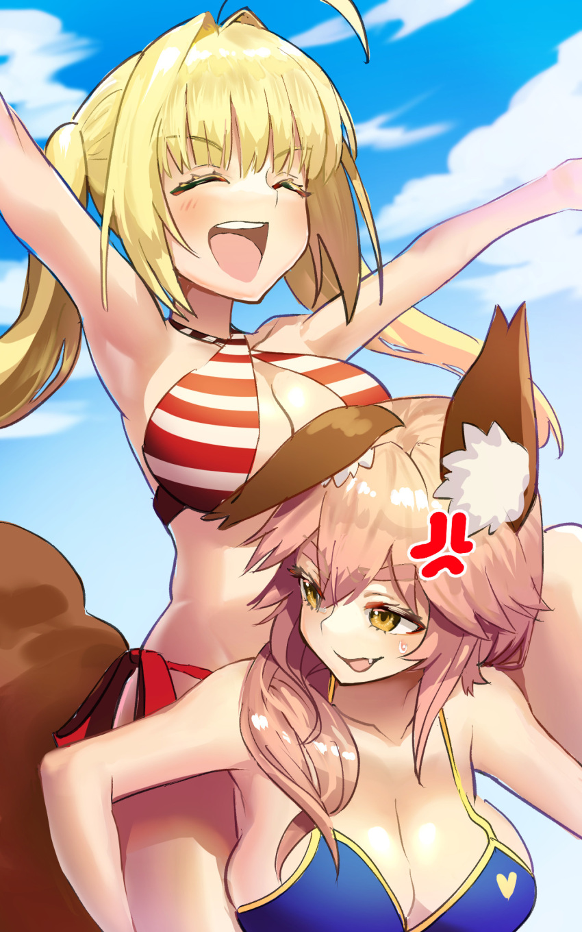1girl 2girls ahoge anger_vein animal_ear_fluff animal_ears arms_up bangs bare_shoulders bikini blonde_hair blue_bikini blue_sky blush breasts carrying cleavage collarbone criss-cross_halter fang fate/grand_order fate_(series) fox_ears fox_girl green_eyes hair_between_eyes hair_intakes halterneck highres large_breasts long_hair looking_at_viewer looking_back multiple_girls nero_claudius_(fate)_(all) nero_claudius_(swimsuit_caster)_(fate) open_mouth outstretched_arms piggyback pink_hair red_bikini side-tie_bikini sidelocks sky smile striped striped_bikini swimsuit tamamo_(fate)_(all) tamamo_no_mae_(swimsuit_lancer)_(fate) torimahera twintails yellow_eyes