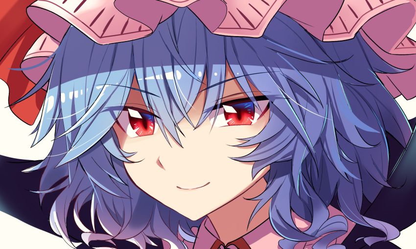 1girl bangs blue_hair close-up collared_shirt e.o. eyebrows_visible_through_hair eyes_visible_through_hair face hair_between_eyes hat highres mob_cap pink_headwear pink_shirt portrait red_eyes remilia_scarlet shirt short_hair simple_background smile solo touhou tsurime wavy_hair white_background