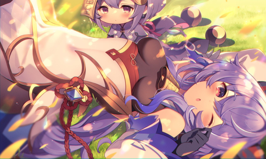 2girls ahoge bangs bare_shoulders bell black_gloves black_legwear blue_dress blue_hair blush bodystocking braid braided_ponytail breasts coin_hair_ornament detached_sleeves dress elbow_gloves ganyu_(genshin_impact) genshin_impact gloves highres homaderi horns jiangshi large_breasts long_hair long_sleeves looking_at_viewer lying multiple_girls ofuda on_back open_mouth pantyhose purple_eyes purple_hair qiqi_(genshin_impact) small_breasts thighs very_long_hair white_dress