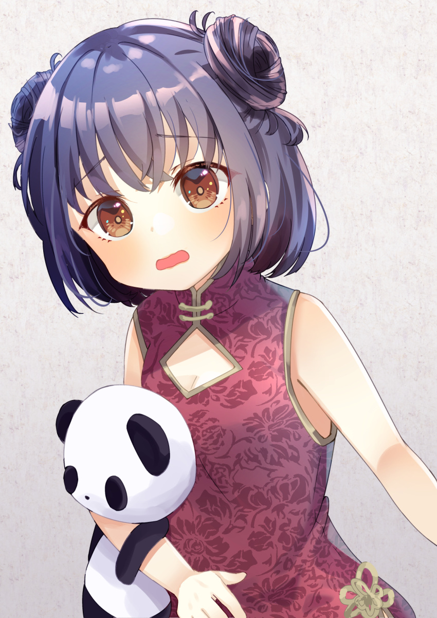 1girl bangs bare_arms bare_shoulders black_hair blush breasts brown_eyes china_dress chinese_clothes cleavage cleavage_cutout clothing_cutout commentary_request double_bun dress eyebrows_visible_through_hair highres looking_at_viewer object_hug open_mouth original red_dress sleeveless sleeveless_dress small_breasts solo stuffed_animal stuffed_panda stuffed_toy suzu_(minagi) upper_body wavy_mouth