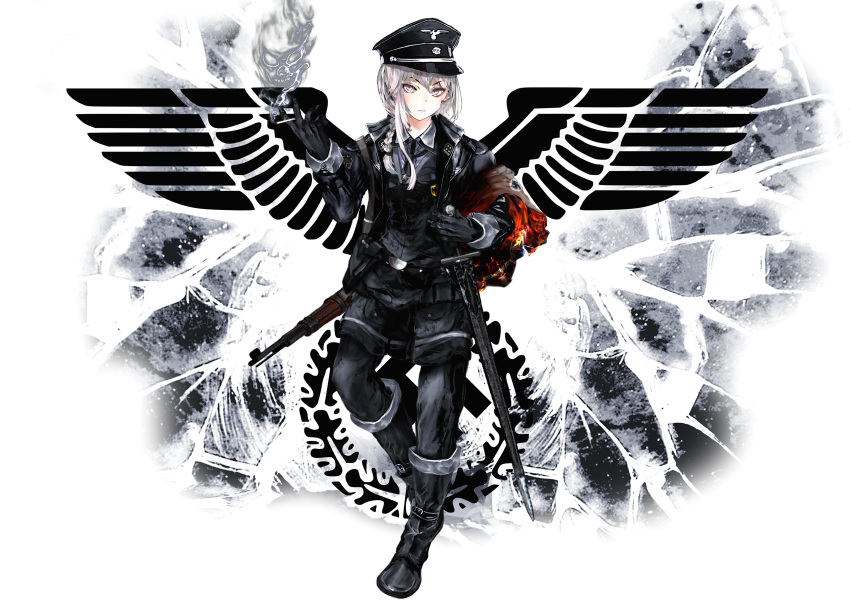 1girl absurdres black_footwear black_gloves black_headwear black_legwear bodevarc boots cigarette expressionless gloves grey_eyes gun hat highres huge_filesize knee_boots long_sleeves looking_at_viewer medium_hair military military_hat military_uniform nazi original peaked_cap rifle silver_hair sword tagme uniform weapon